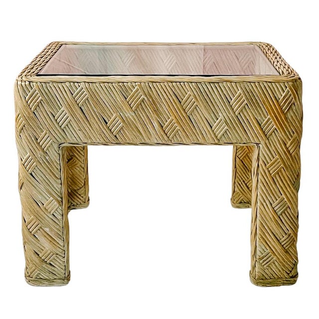 1980s 1980s Organic Modern Crosshatch Woven Rattan & Glass End Tables in the Style of Maitland-Smith – Pair For Sale - Image 5 of 12