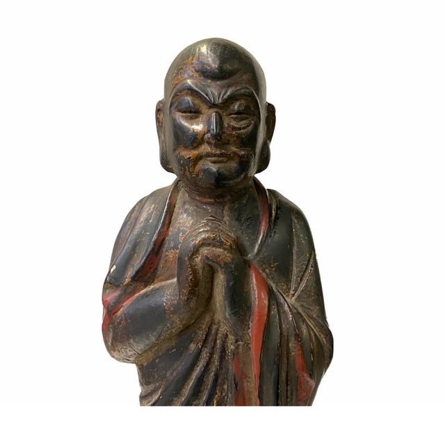 Chinese Distressed Black Brown Lacquer Wood Standing Monk Lohon Figure For Sale - Image 4 of 6
