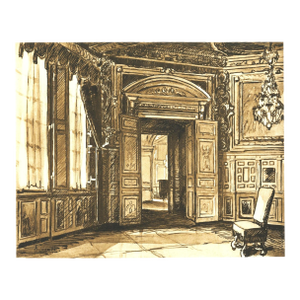 1925 French Antique Interior Lithograph, Chateau Fountainebleau, Matted