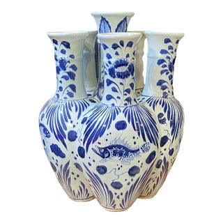 1970s Blue and White Porcelain Chinoiserie Vase 19" H For Sale