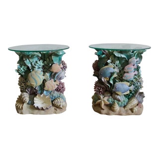 1990s Vintage Pair of Domestications Aquatic Sea Life Coral Reef Glass Top Tables For Sale
