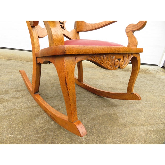 Antique Carved Oak Green Man Rocking Chair in Red Tufted Leather ~ Northwind Face For Sale - Image 11 of 17