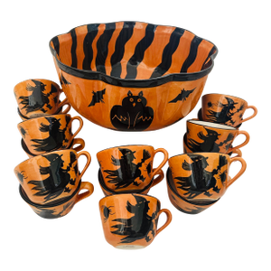 Vintage 2001 Laurie Gates Halloween Serving Bowl & Cups-a Set
