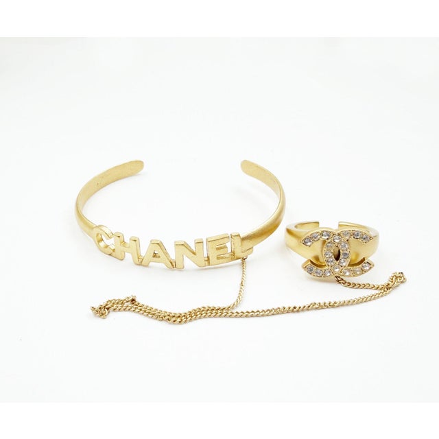 Chanel Vintage Gold CC Crystal Ring Chained Letter Cuff Bracelet * Marked 01 * Made in France * Comes with the original...