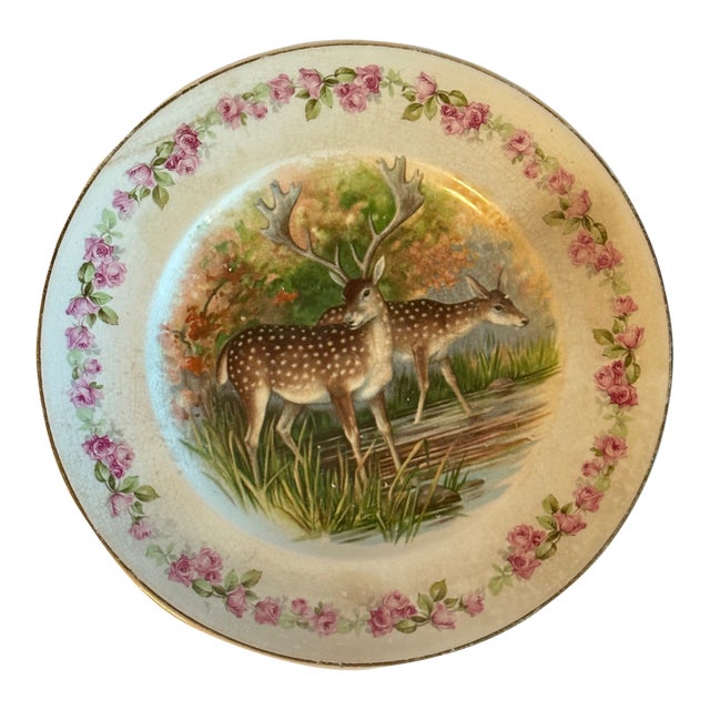 Antique Early 20th Century Porcelain Transferware With Pink Roses & Deer Plate For Sale