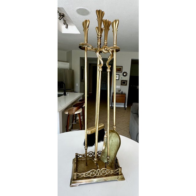 Vintage French Louis XVI Style Brass Fireplace Tool Set / Fleur-De-Lis Finial For Sale - Image 4 of 18
