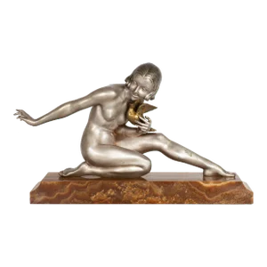 French Art Deco Silvered Bronze Sculpture “Woman W/ Bird” by Armand Godard
