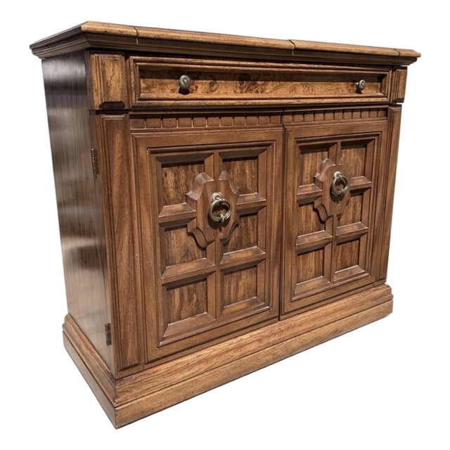 Vintage Carved Wooden Bar Cabinet With Drop-Leaf Extensions. For Sale