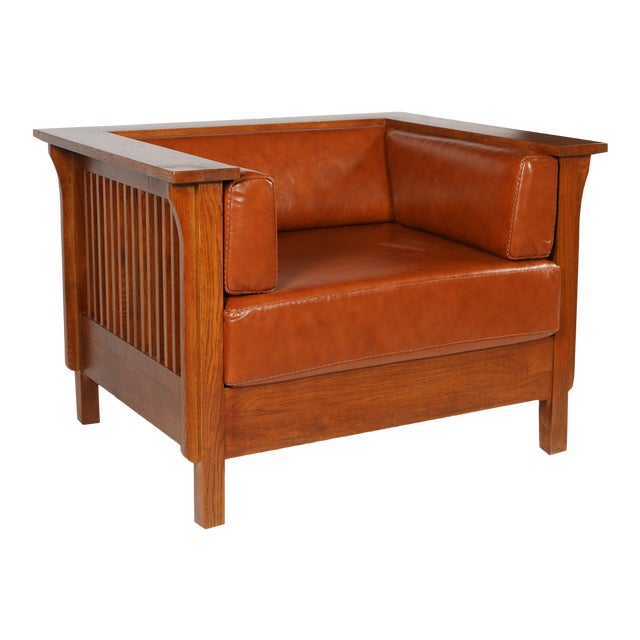 Crafters and Weavers Arts and Crafts / Craftsman Cubic Slat Side Arm Chair Russet Brown Leather (Rb2) For Sale