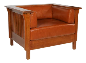Crafters and Weavers Arts and Crafts / Craftsman Cubic Slat Side Arm Chair Russet Brown Leather (Rb2)