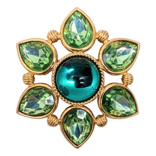 Vintage Signed Napier Faux-Emerald & Peridot Rhinestone Brooch, 1992 For Sale