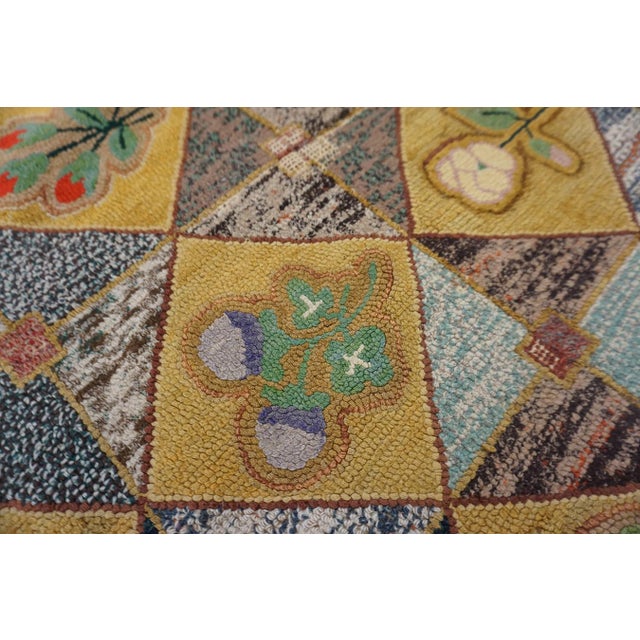 Very Pretty Multi Colored Floral Tumbling Block Pattern Set on a a Light Yellow Tan Background Vintage Signed Sg and Dated 1950 American Hooked Rug For Sale - Image 10 of 15
