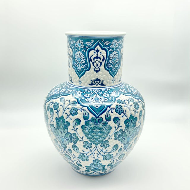 Turquoise Handmade Ceramic Ata Vase (30cm) Turquoise Relief Floral with Scale Texture For Sale - Image 8 of 9