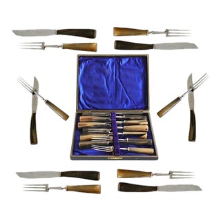 Antique English Stag Horn Steak Set, 12pc For Sale