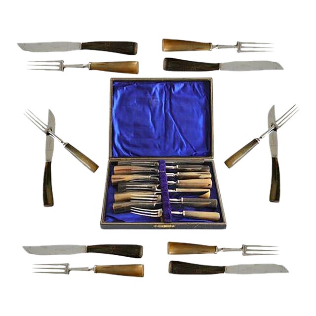 Antique English Stag Horn Steak Set, 12pc For Sale