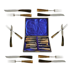 Antique English Stag Horn Steak Set, 12pc