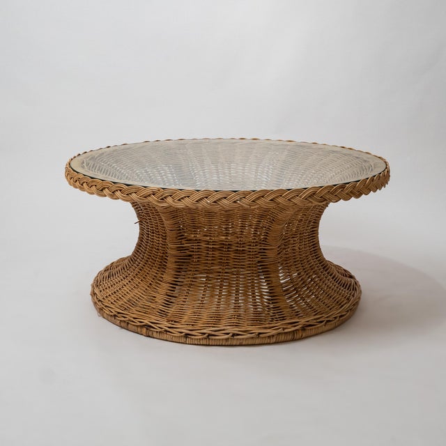 1970s 1970s Coastal Braided Rattan Hourglass Coffee Table With Glass Top For Sale - Image 5 of 5