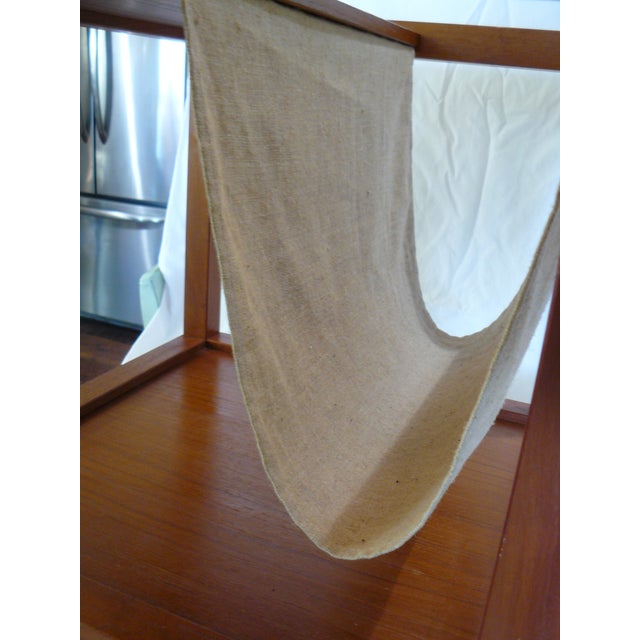 Vintage Teak Rolling End Table With Linen Magazine Sling For Sale - Image 4 of 10