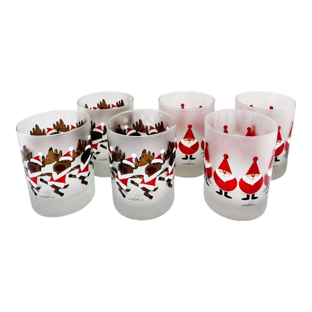 Vintage Culver LTD Christmas Santa & Reindeer Frosted Tumblers, Set of 6 For Sale