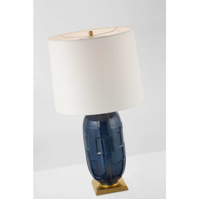 Visual Comfort Thomas O'Brien for Visual Comfort Signature Incasso Large Table Lamp in Mixed Blue Brown with Linen Shade For Sale - Image 4 of 6