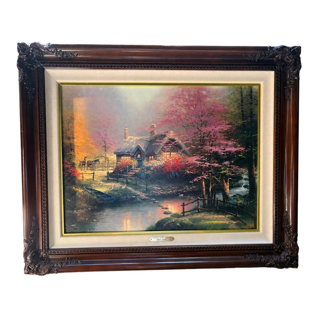 1990s Thomas Kinkade “Stepping Stone Cottage” Framed Artist Proof Canvas 105/295 With Full Provenance For Sale