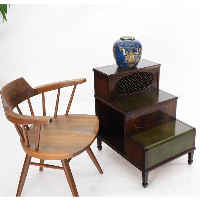 Traditional English Green Leather & Mahogany Step Side End Table Stand Cabinet Bookcase For Sale - Image 3 of 13