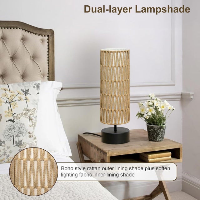 Wood Rattan Table Lamp Touch Dimmable Bedside Light For Sale - Image 7 of 7