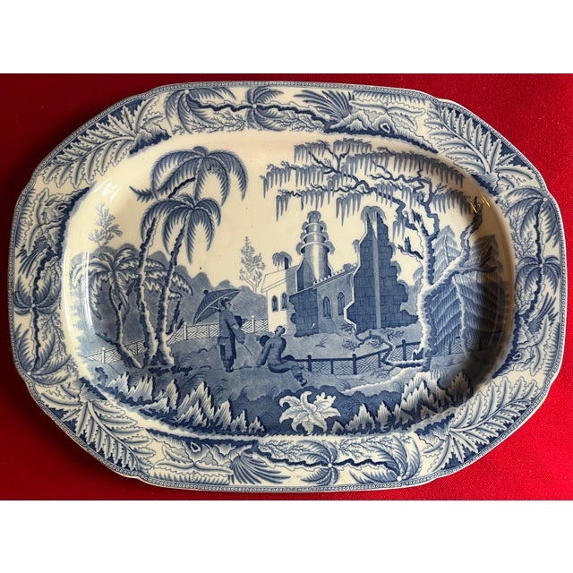 Chinoiserie Large Antique 19th Century Davenport Blue & White Porcelain Platter With Chinoiserie Decoration For Sale - Image 3 of 11