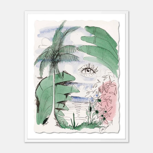 Contemporary Green Pink Blue Jungle by Lia Burke Libaire in White Frame, Small Art Print For Sale - Image 3 of 3