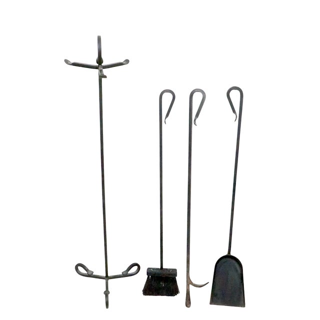 Arts & Crafts Vintage Four Piece Wrought Iron Fireplace Tool Set For Sale - Image 3 of 8