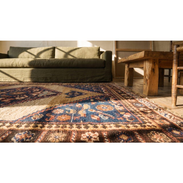 Textile 1880s Camel Medallion Tribal Antique Hand Knotted Persian Bijar Rug 4'5" X 5'9" Wool Carpet For Sale - Image 7 of 9