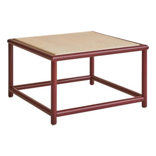 Italian Red Lacquered Wood + Travertine Coffee Table, 1970s For Sale
