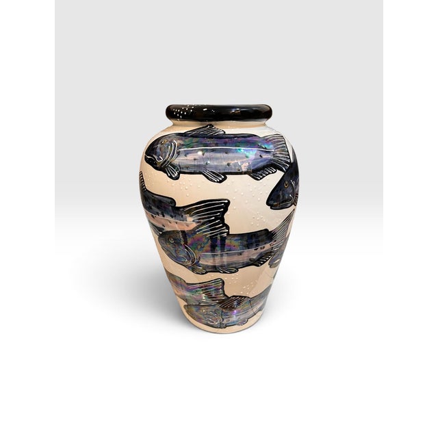 Beth Allison Gripenstraw “Salmon” Hand-Painted Ceramic Urn Vase, Santa Cruz, 1997 For Sale - Image 10 of 11