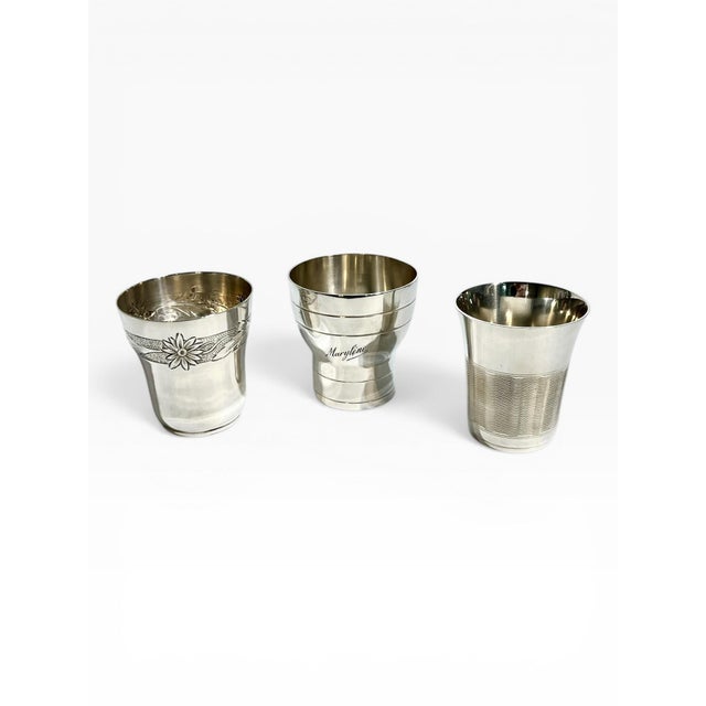 Charming set of three mismatched French silver plate goblets, perfect as matchstick holders, petite vases, or elegant...