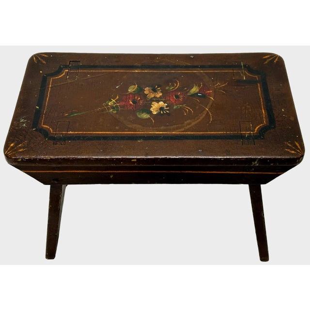 Victorian Antique Hand Made American Victorian Folk Art Wood Fireside Footstool With Hand Oil Painted Flowers & Features For Sale - Image 3 of 13