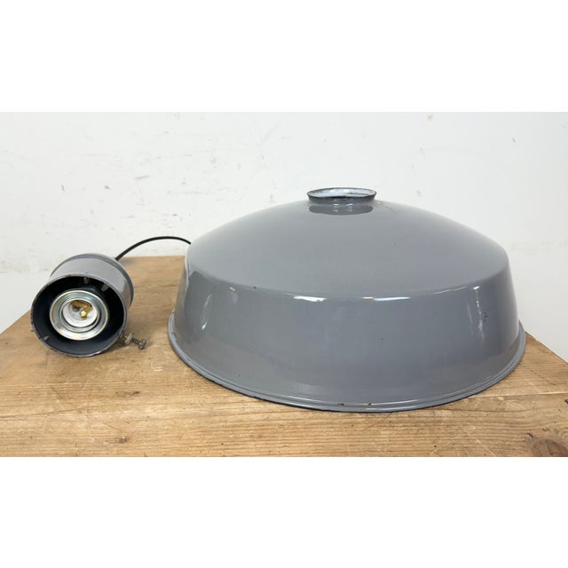 Industrial Grey Enamel Factory Pendant Lamp, 1960s For Sale - Image 16 of 18