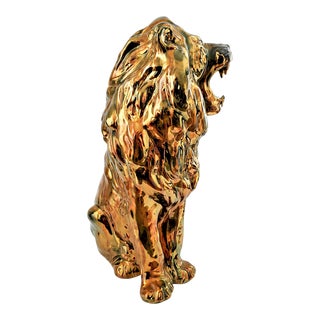 Large Ceramic Lion Floor Sculpture With Shiny Metallic Bronze and Gold Glaze in Style of Mgm For Sale