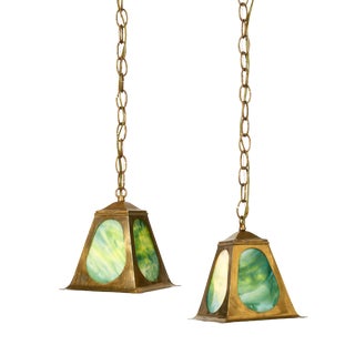 Arts and Crafts Brass and Art Glass Pendants - a Pair For Sale