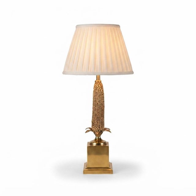 Brass Corn Table Lamp with White Pleated Shade, 1970s For Sale - Image 14 of 14