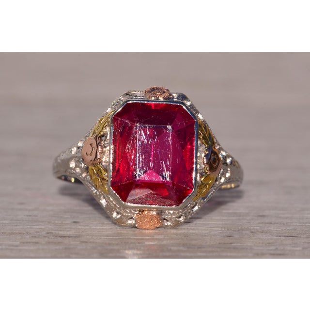 Gold The Belmont: Art Deco Era Lab Ruby Ring in Tri Color Filigree Mounting For Sale - Image 8 of 10