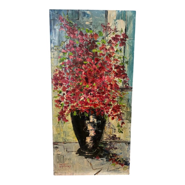 Helen Botway Bougainvillea in a Dark Urn Oil on Board Painting, Signed 1960's 1960's For Sale