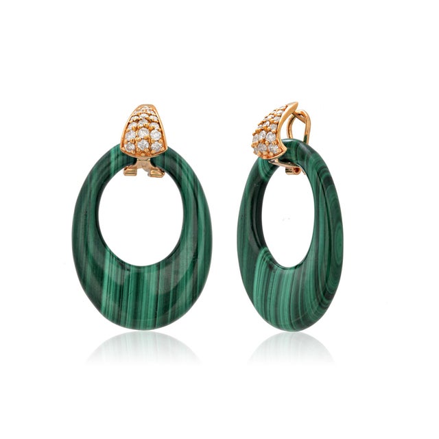 Modern 14k Yellow Gold Door Knocker Drop Earrings With Carved Malachite and Diamonds, A Pair For Sale - Image 3 of 7