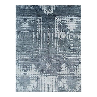 9x12 Gray Hand-Knotted Wool Viscose Faded Fortress Motif Abstract Carpet Rug For Sale