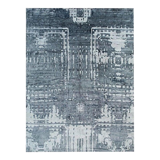 9x12 Gray Hand-Knotted Wool Viscose Faded Fortress Motif Abstract Carpet Rug For Sale