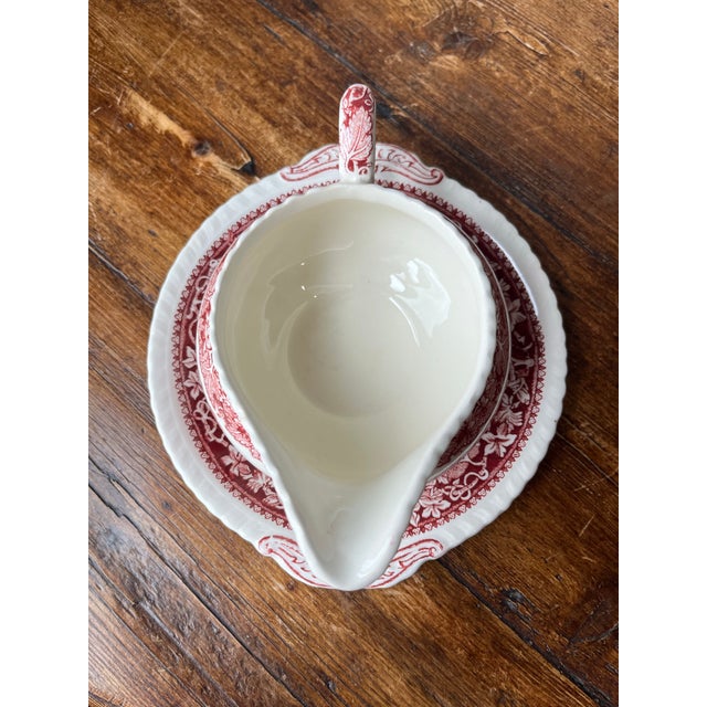 Ceramic Mason's Pink Vista Pattern Ironstone Collection Antique and Vintage Serveware Gravy and Saucer Set For Sale - Image 7 of 9