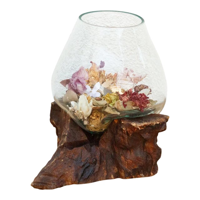 Natural Teak Mouth-Blown Glass Bowl For Sale