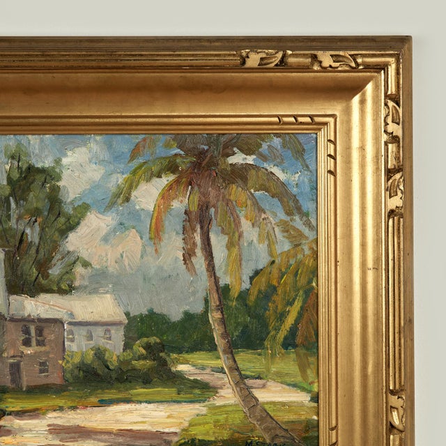 Wood Vintage Tropical Landscape Painting With Houses by Melville F. Stark For Sale - Image 7 of 12