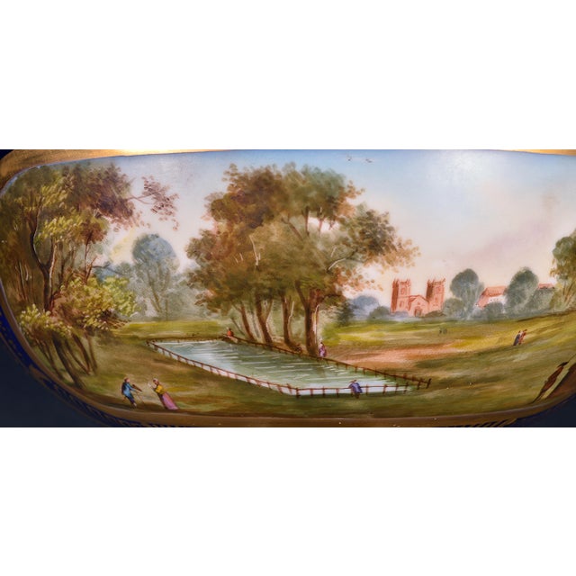 French Porcelain Mazarine Blue-Ground Punch Bowl With London View and Botanical Interior For Sale - Image 10 of 12