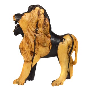 Early 20th Century Hand Carved Solid African Ebony Wood Lion Safari Figurine Model For Sale