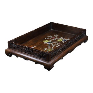 Huali Wood Tray With Mother-of-Pearl Inlay “Magpies on Plum Blossom” – Handcrafted Chinese Serving & Decorative Tray For Sale